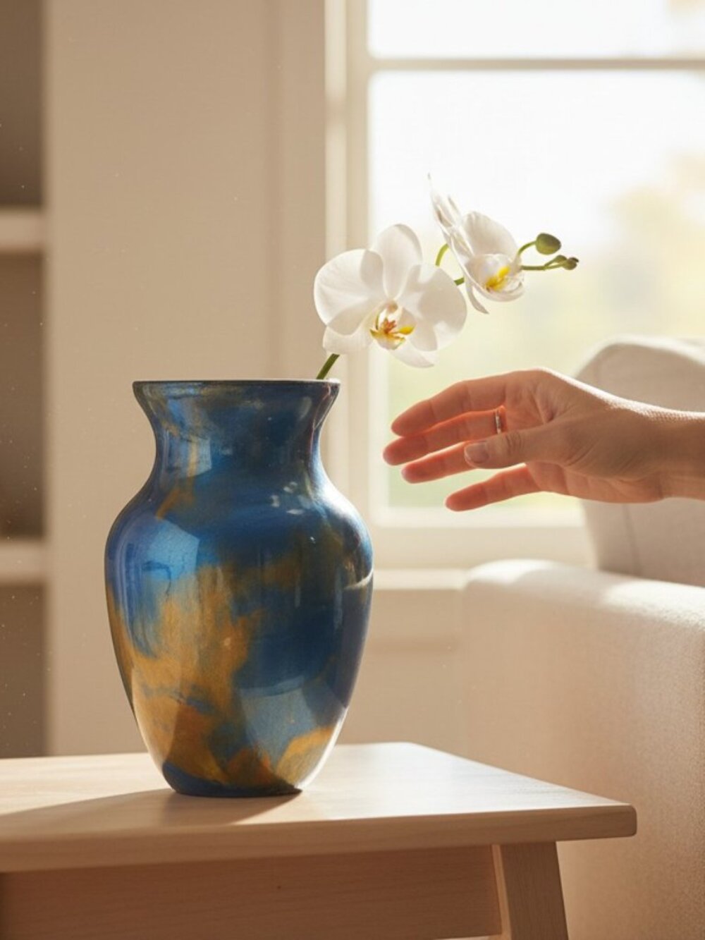 Abstract Fluid Art Glass 7 inch Vase in Metallic Blue Gold Copper, Handmade Art